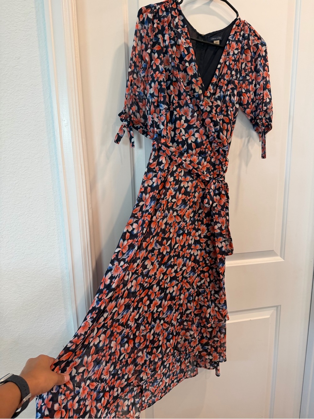 Tommy Hilfiger Navy Floral Wrap Maxi Dress with Coral Accents
